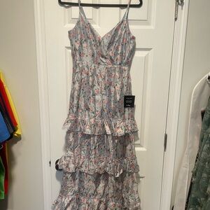 Floral Tiered Maxi Dress with Ruffles - Pink & Light blue